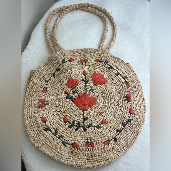 Round Raffia Tote with Floral Embroidery - Picture 4 of 9